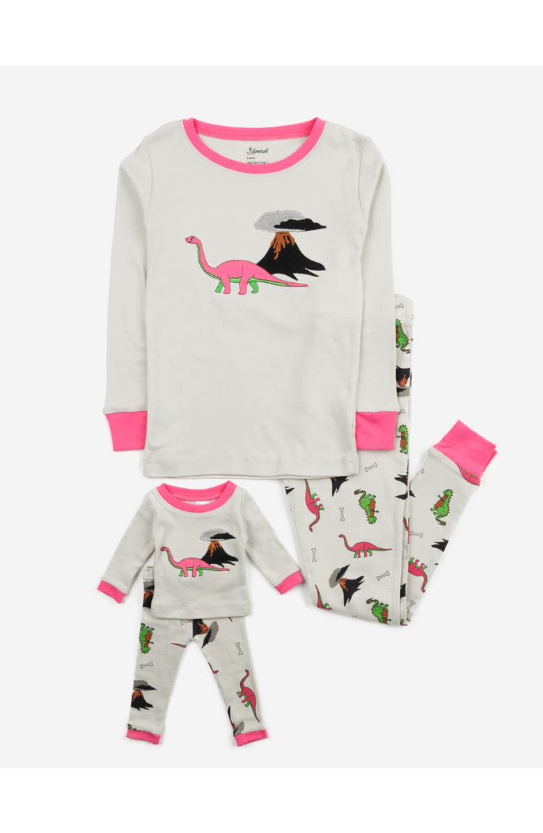 Leveret Girls 2-pc. Cotton Pajamas with Matching Doll Accessory - Unicorn & Fantasy Prints, Main, color, Dinosaur Gray