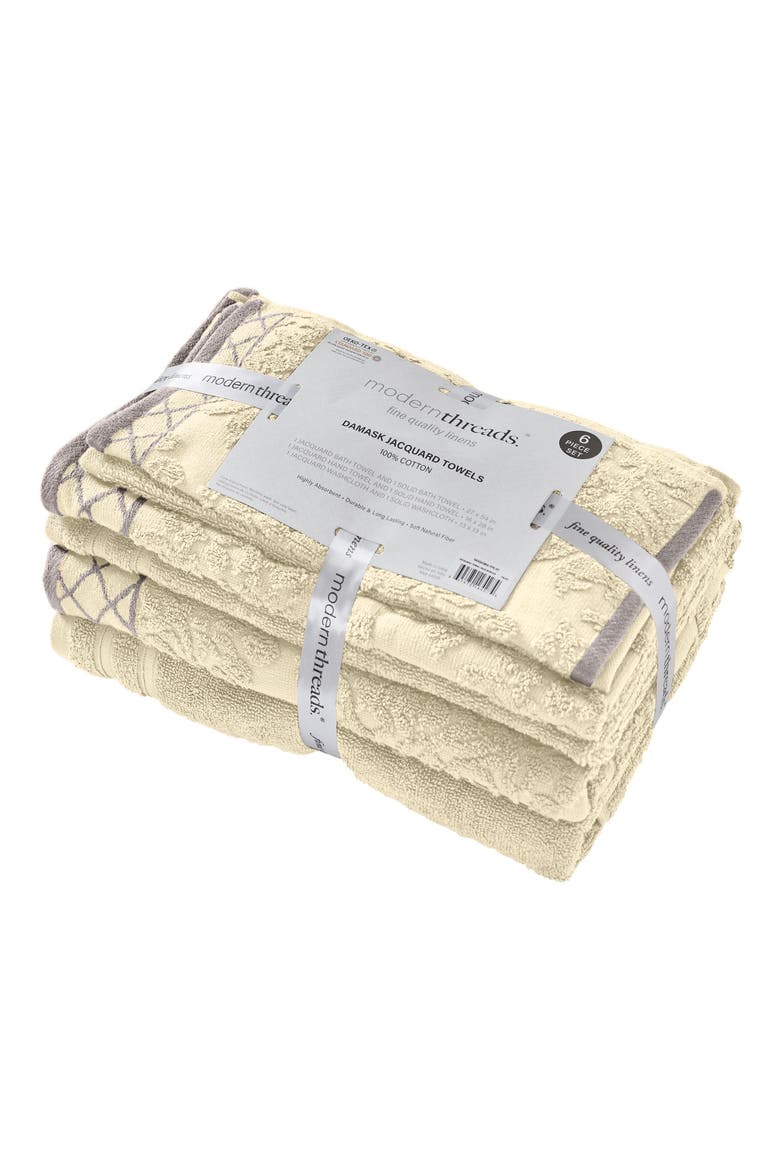 Embellished Border Damask Jacquard Towel 6-Piece Set - Grey, Alternate, color, ivory
