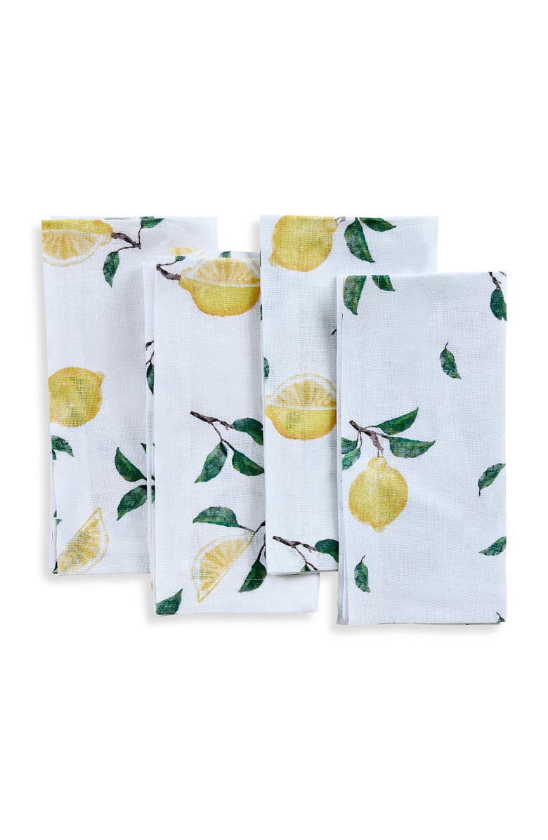 Solino Home Linen Dinner Napkins Set of 4, 20 x 20 Inch for Dining Table, Holiday and Everyday Table Decor - Botanical Lemon, Main, color,
