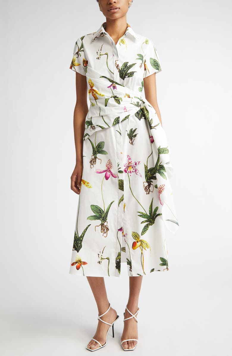 Oscar de la Renta Orchids Cap Sleeve Stretch Cotton Poplin Shirtdress, Main, color,