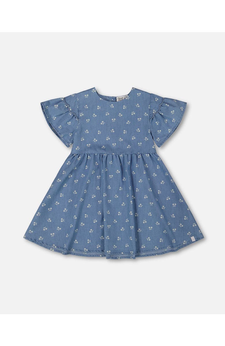 Deux par Deux Little Girl's Printed Chambray Dress Blue And White Cherries, Main, color,