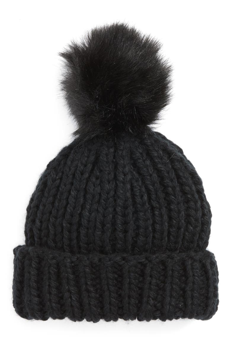 Happy Trails Faux Fur Pom Beanie, Main, color, BLACK