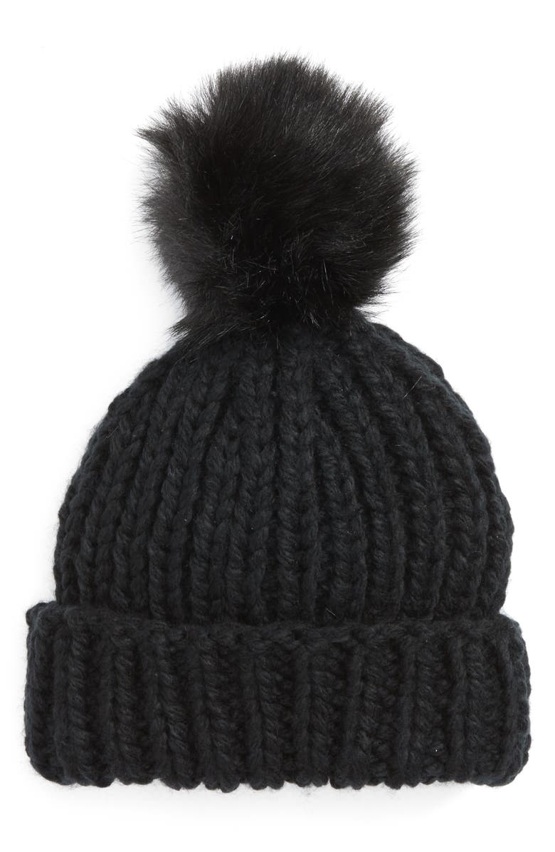 Free People Happy Trails Faux Fur Pom Beanie, Main, color, 