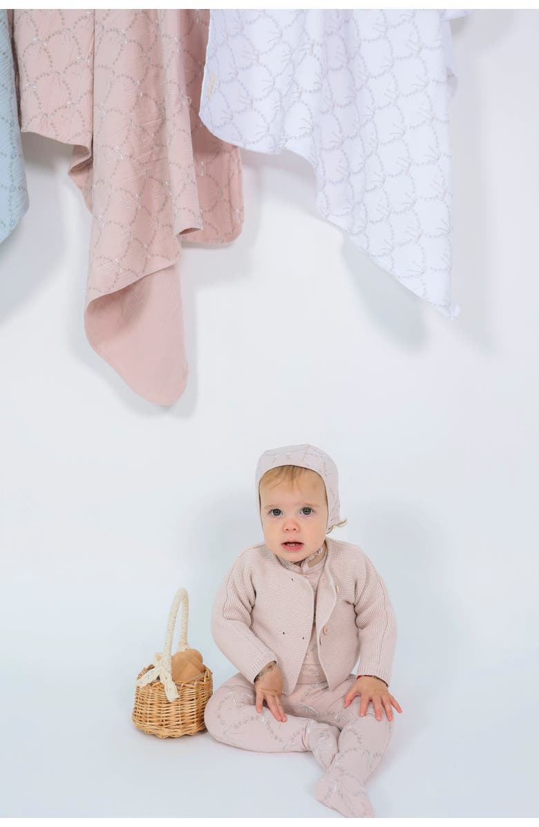 Bebe Bella Bow Print Jersey Romper with Hat, Alternate, color, White