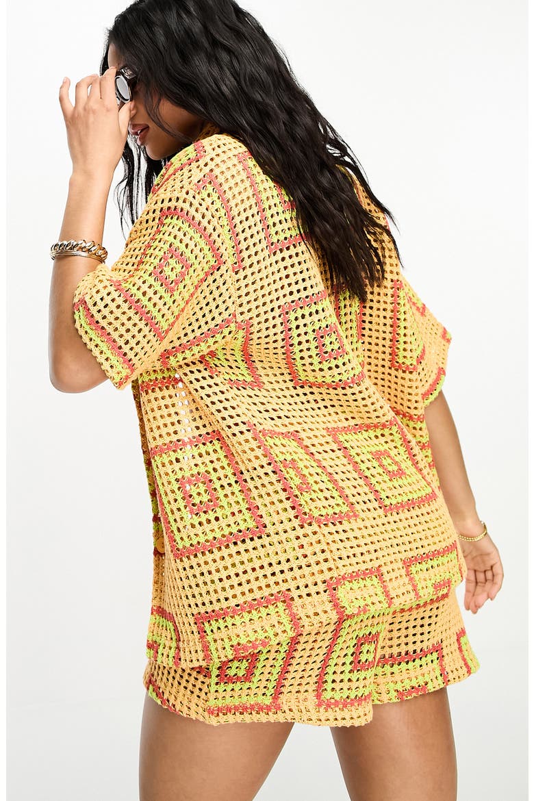 Mosaic Crochet Beach Cover-Up Shirt, Alternate, color, YELLOW