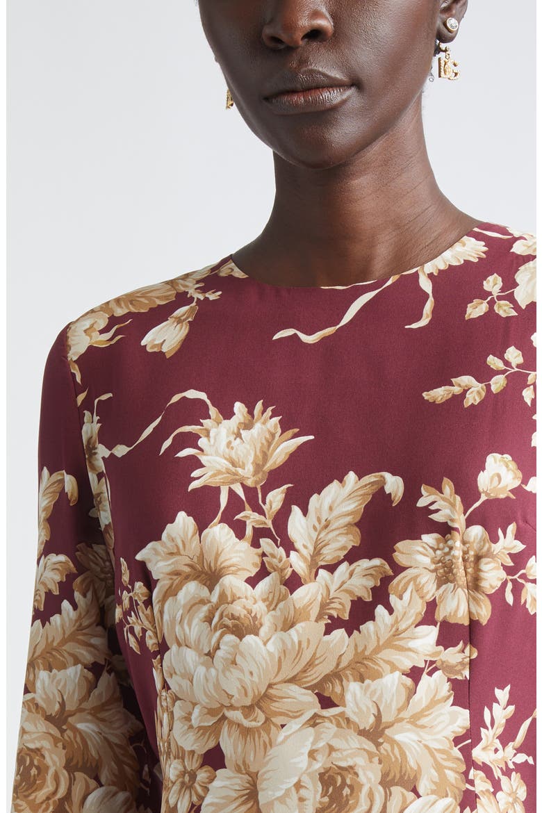 Rose Print Long Sleeve Stretch Silk Charmeuse Sheath Dress, Alternate, color, ROSE