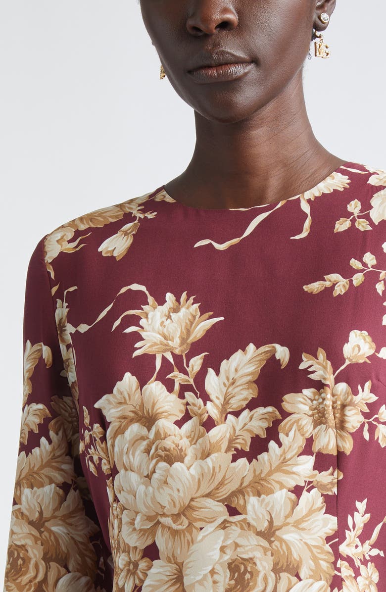 Dolce&Gabbana Rose Print Long Sleeve Stretch Silk Charmeuse Sheath Dress, Alternate, color, Rose