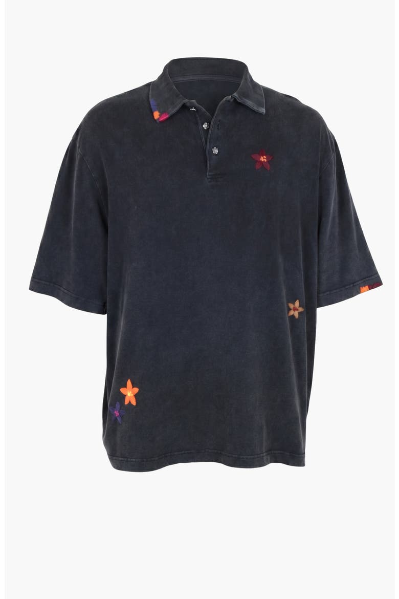 Relaxed Fit Floral Embroidered Polo Shirt with Washed Finish, Alternate, color, Black