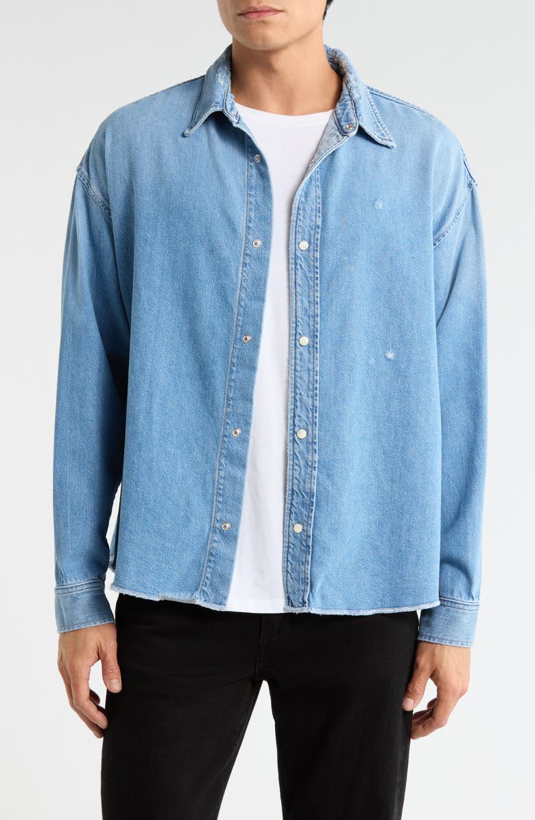 FRAME Relaxed Fit Distressed Denim Snap-Up Shirt, Main, color, Voltage