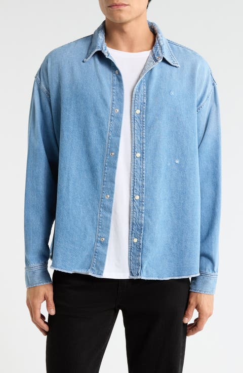 Relaxed Fit Distressed Denim Snap-Up Shirt
