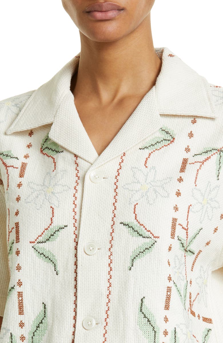 Bode Gerber Border Short Sleeve Linen & Cotton Button-Up Shirt, Alternate, color, 