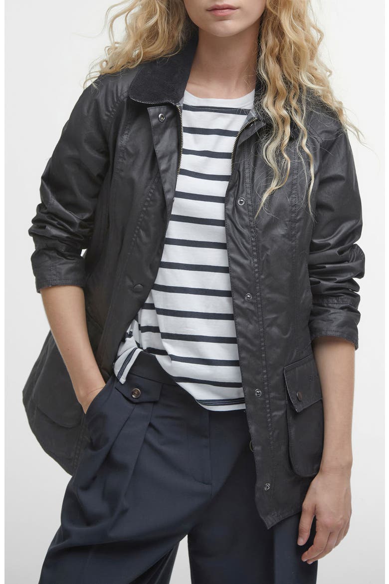 Beadnell Water Resistant Waxed Cotton Jacket, Main, color, BLACK