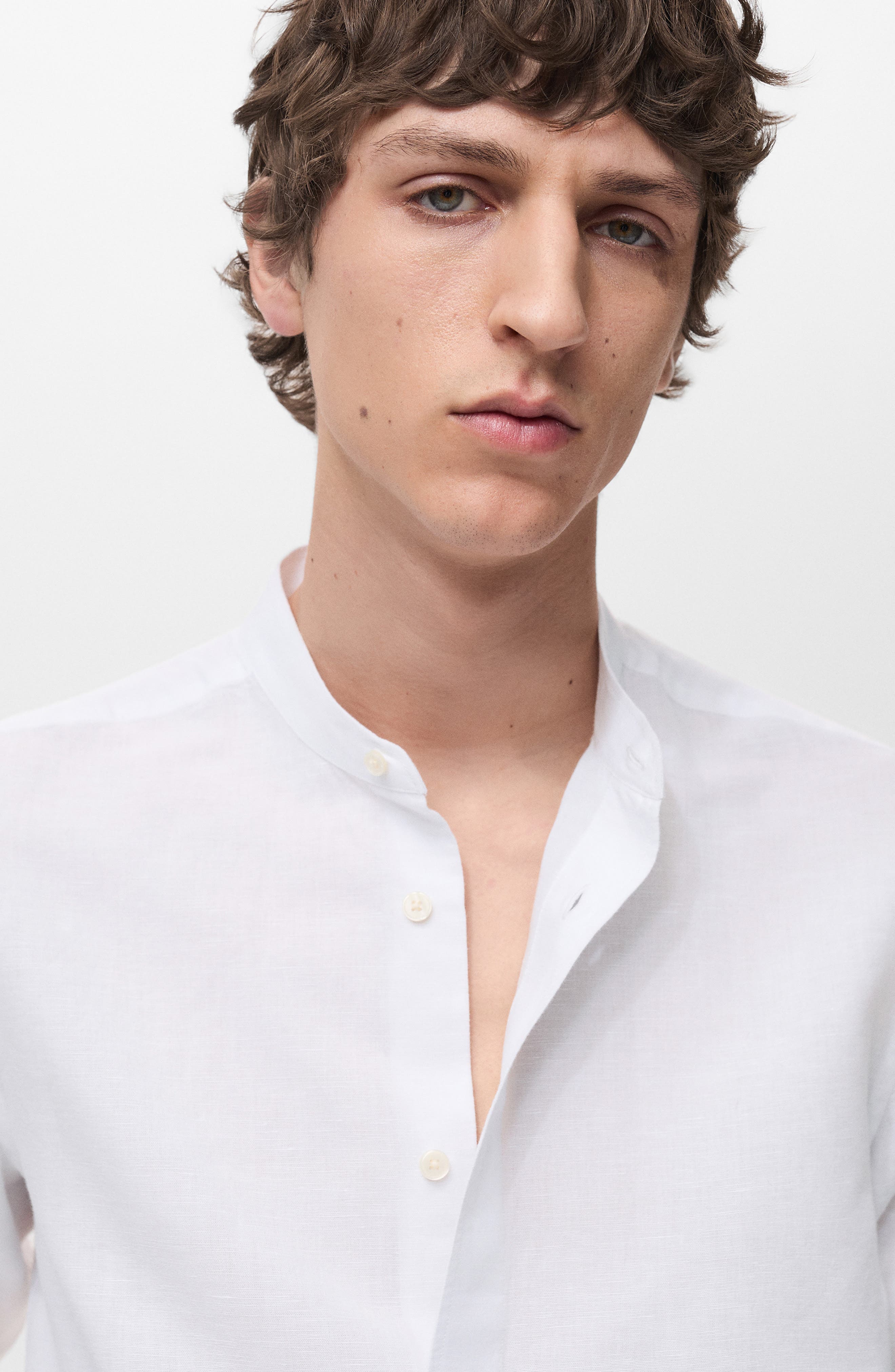 Band Collar Linen & Cotton Button-Up Shirt - image 2