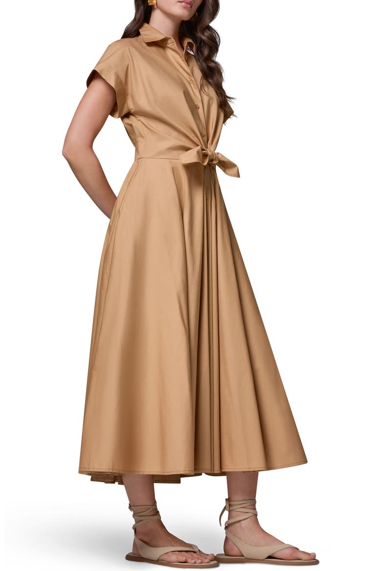 Tie Waist Short Sleeve Stretch Cotton Midi Shirtdress, Alternate, color, FAWN