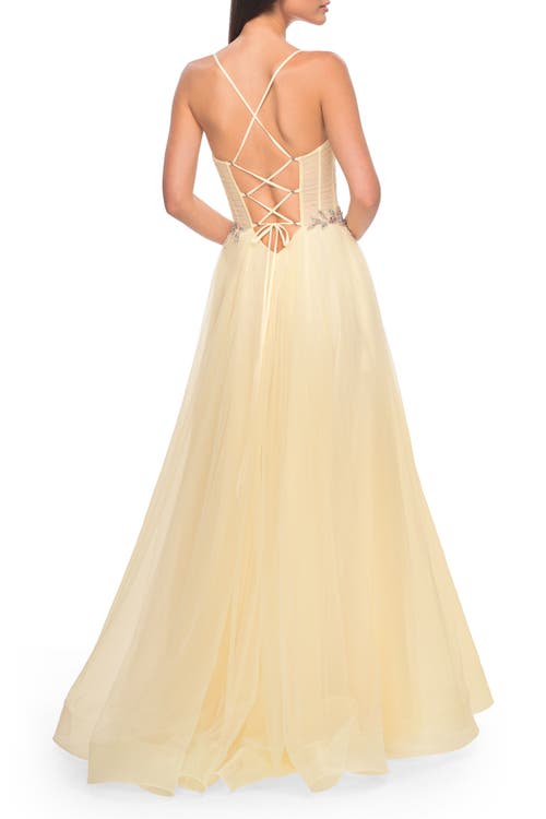 La Femme A-line Prom Gown With Ruched Bodice And Rhinestone Belt Detail