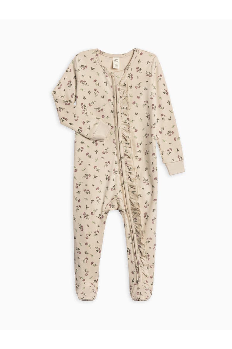 Organic Cotton Neve Ruffle Zipper Footie, Alternate, color, Betty Floral / Purple + Olive