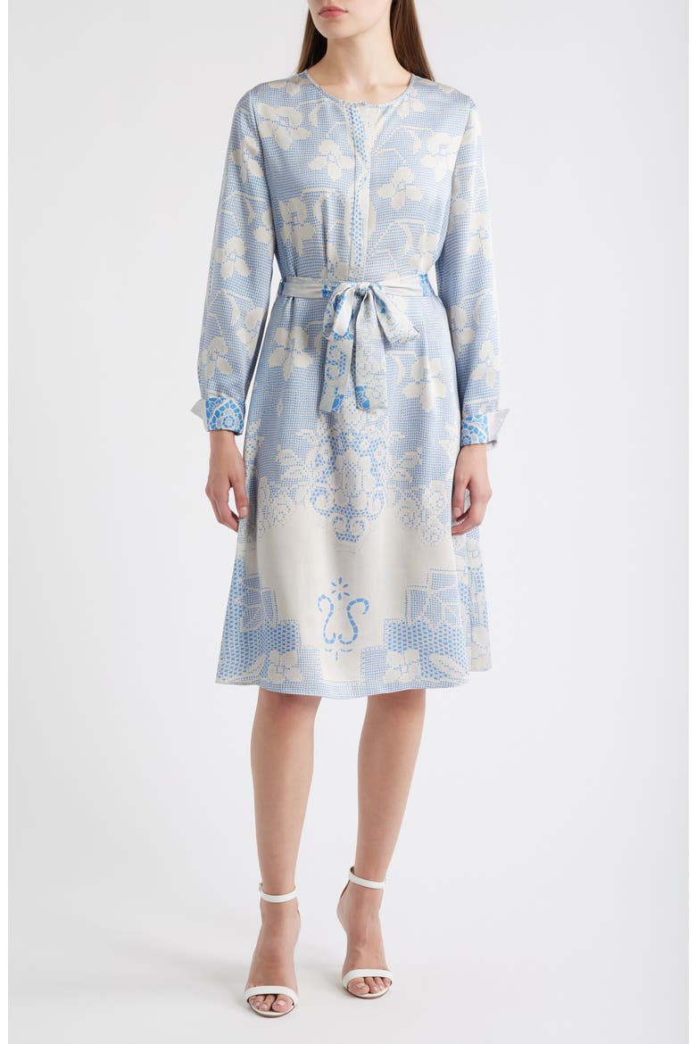 Michelle Print Tie Waist Long Sleeve Dress, Main, color, SKY BLUE MULTI