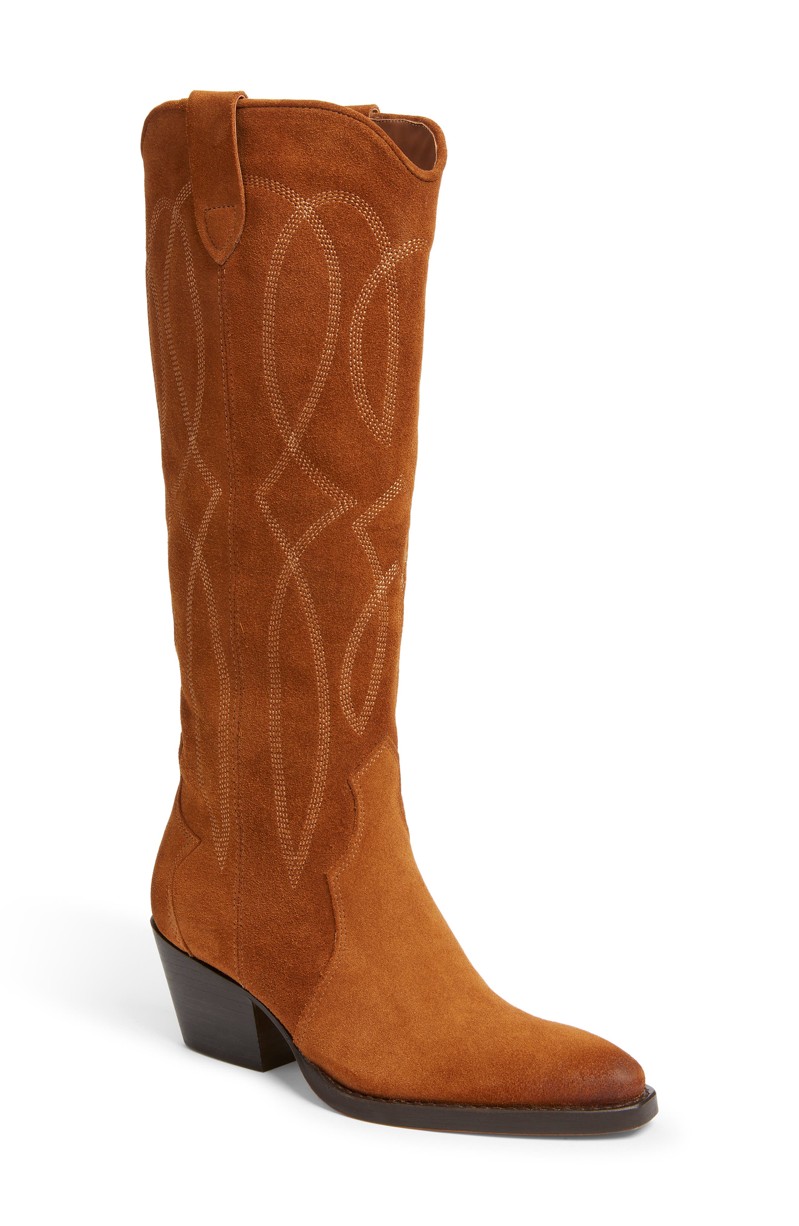 Klancy Knee High Western Boot, Main, color, COGNAC SUEDE