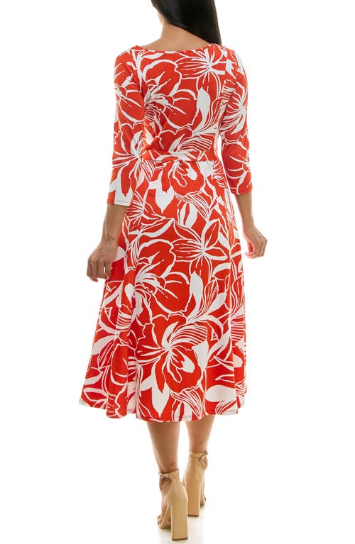 Nina Leonard Crewneck Three-quarter Sleeve Midi Dress In Orange/white