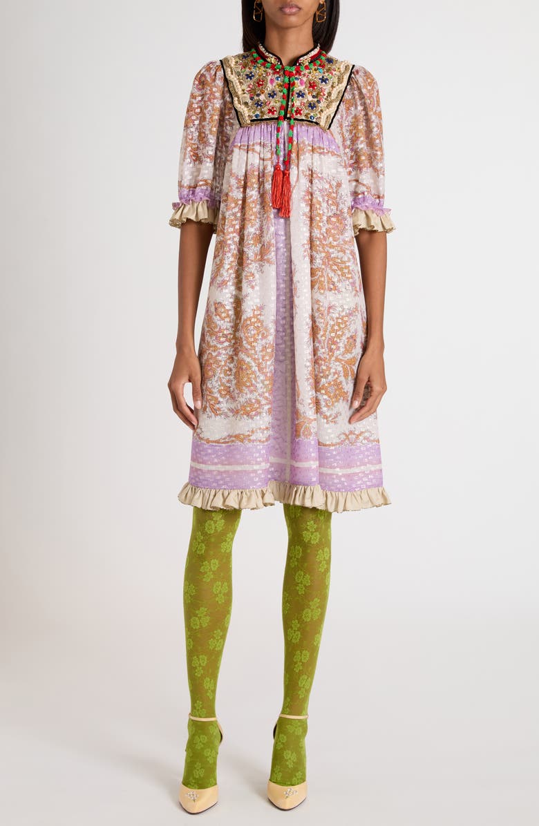 Valentino Garavani Embroidered Voyage Imaginaire Silk Georgette Dress, Main, color, Purple Multi