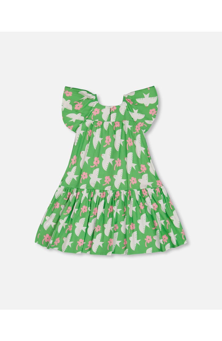 Deux par Deux Girl's Printed Dress With Flounce Sleeves Green With White And Pink Bird, Alternate, color, Green With White And Pink Bird