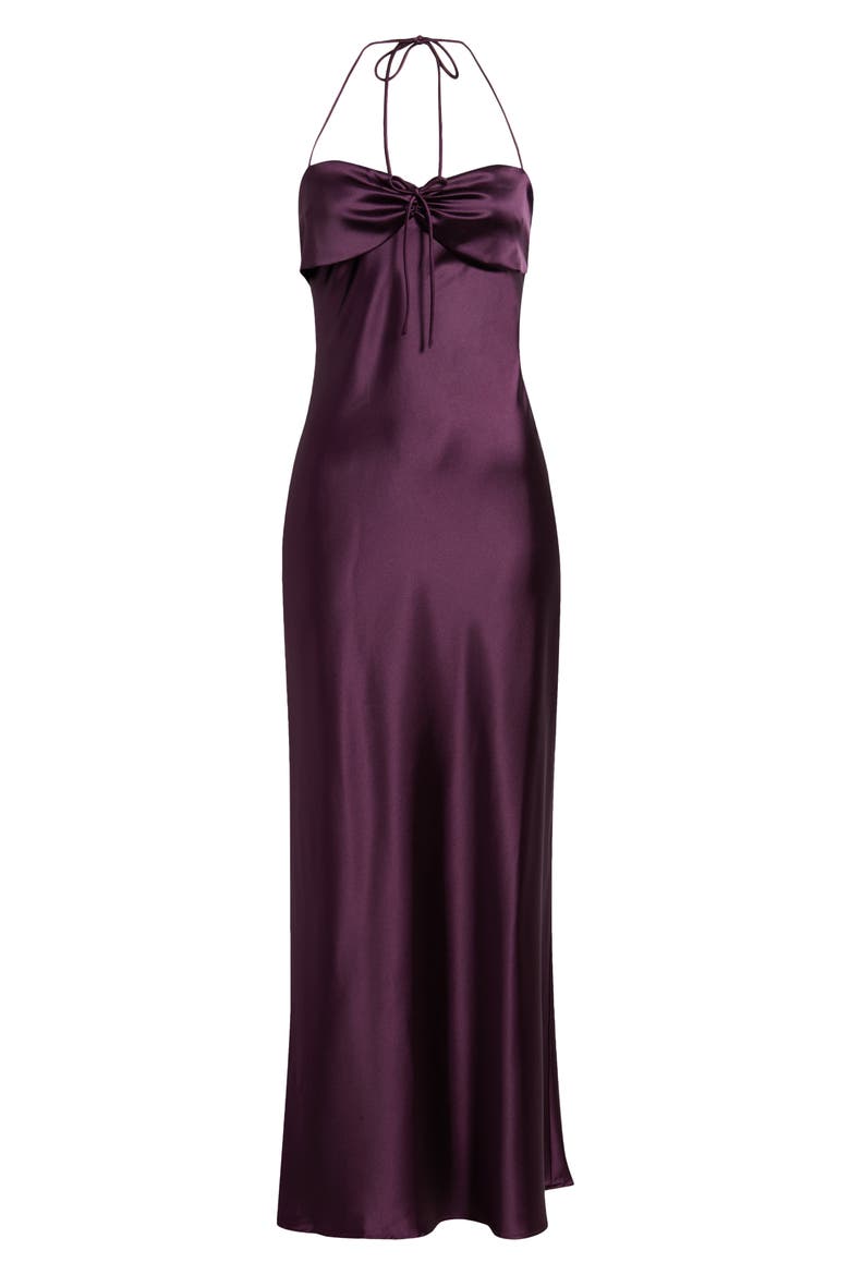 Fireproof Ruched Halter Satin Gown, Alternate, color, PLUM