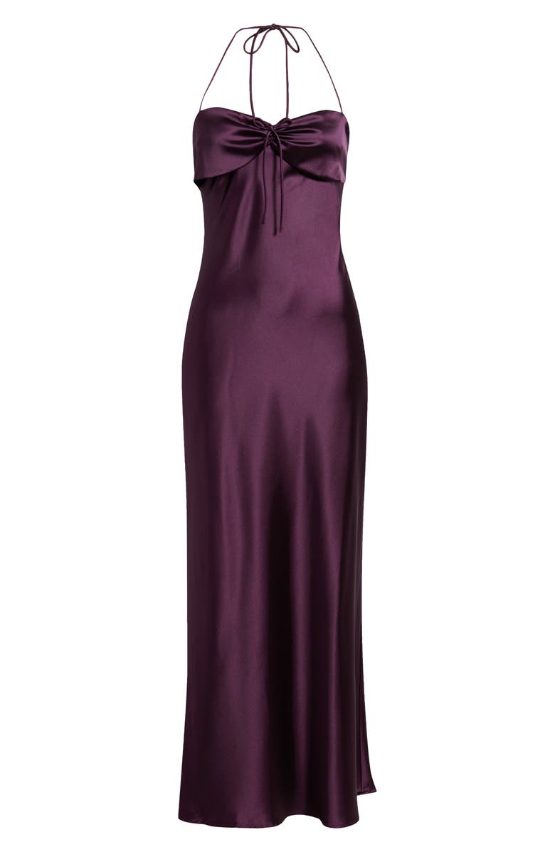Princess Polly Fireproof Ruched Halter Satin Gown, Main, color, Plum