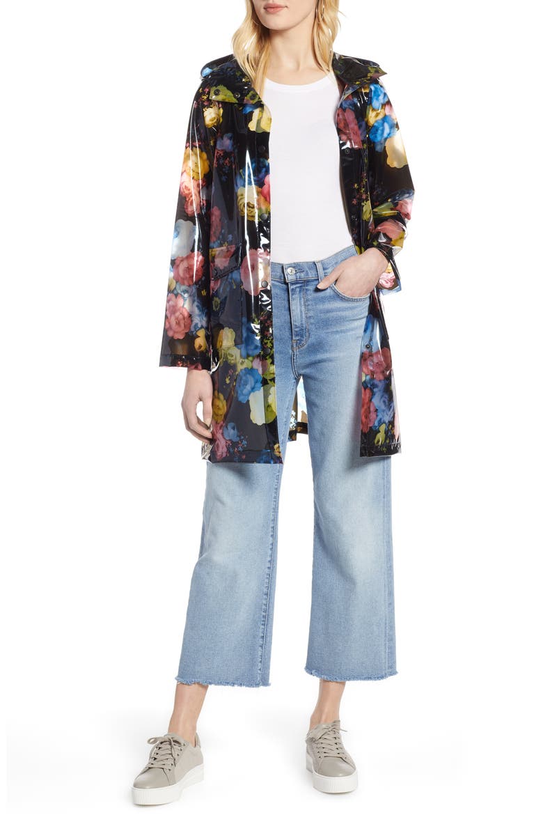 Floral Print Translucent Hooded Rain Jacket, Main, color, BLACK FLORAL