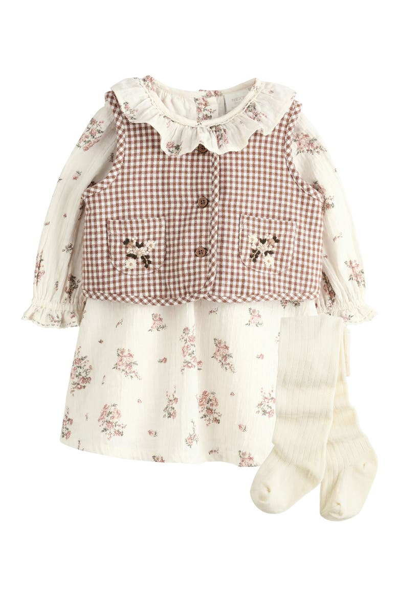 Kids' 3-Piece Floral Dress, Gingham Gilet & Tights Set, Main, color, NEUTRAL