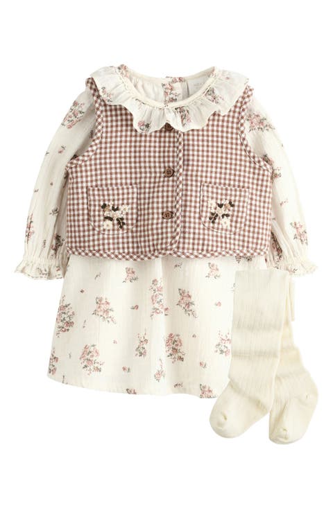 Kids' 3-Piece Floral Dress, Gingham Gilet & Tights Set