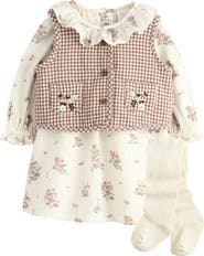 NEXT Kids' 3-Piece Floral Dress, Gingham Gilet & Tights Set