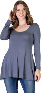 24seven Comfort Apparel Long Sleeve Solid Color Swing Style Flared Tunic Top