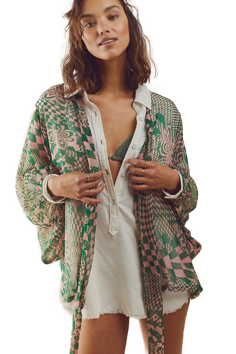 Geometric Floral Sheer Tie Front Short Duster, Main, color, BLUSH