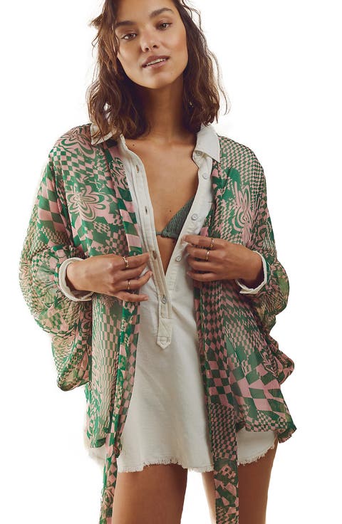 Geometric Floral Sheer Tie Front Short Duster