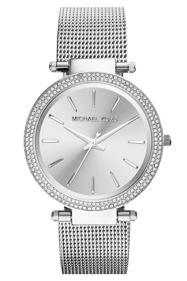 'Darci' Crystal Bezel Mesh Strap Watch, 39mm, Main, color, SILVER