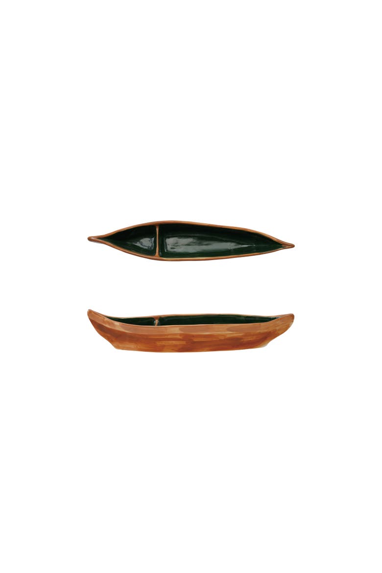 Hand-Painted Stoneware Canoe Dish, Main, color, Green and Brown