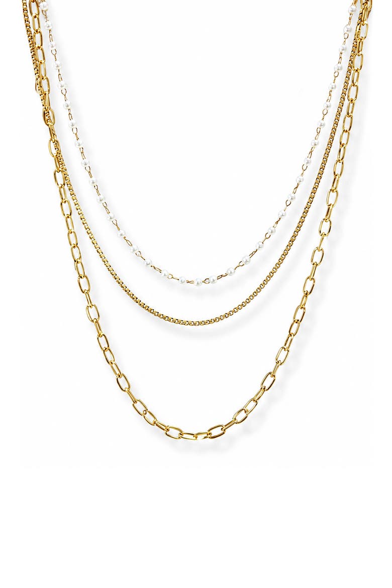 Layered Paperclip Chain & Faux Pearl Necklace, Main, color, GOLD