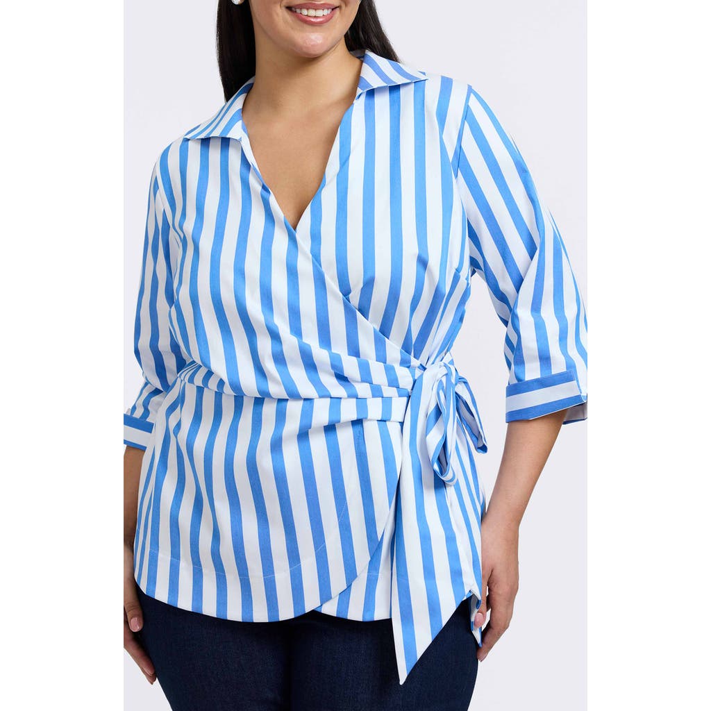 Foxcroft Salina Stripe Cotton Clend Wrap Shirt In Cobalt Blue White