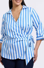 Foxcroft Salina Stripe Cotton Blend Wrap Shirt