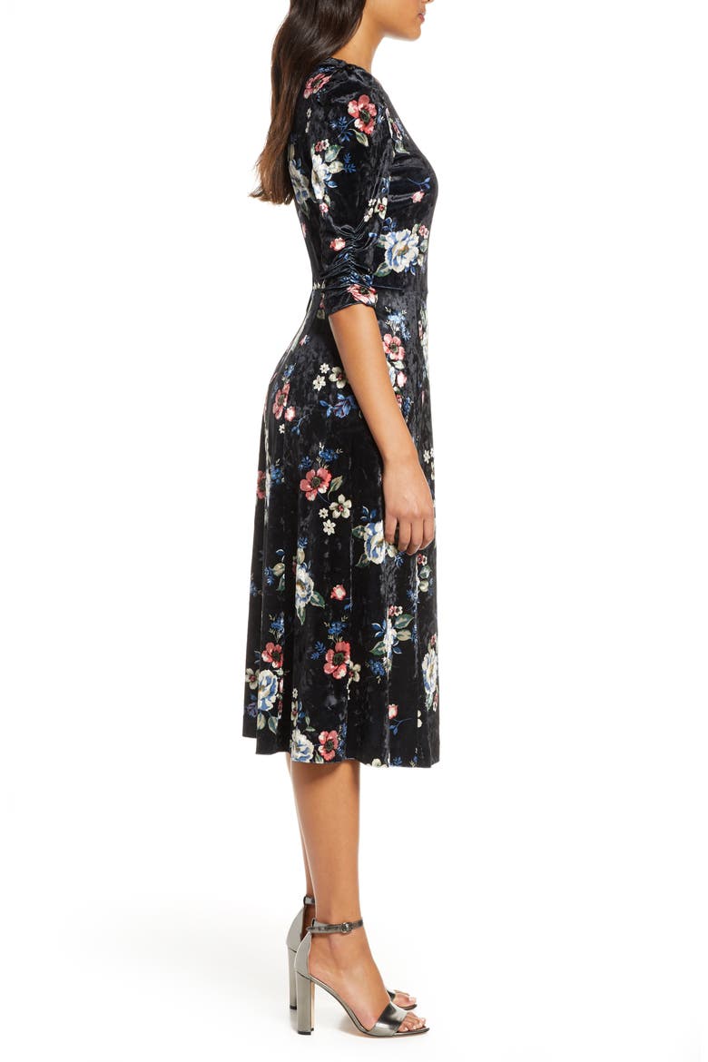 Floral Velvet Midi Dress, Alternate, color, BLACK