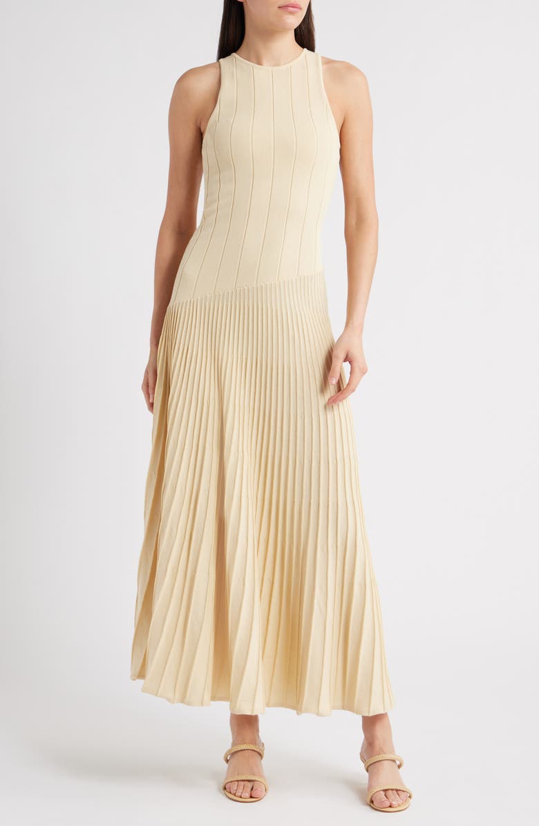 MANGO Piano Sleeveless Pleated Cotton Blend Sweater Dress, Main, color, Light Tan