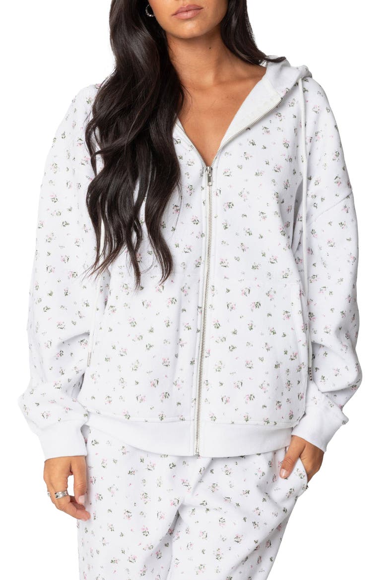 Bouquet Oversize Front Zip Cotton Blend Hoodie, Main, color, CREAM