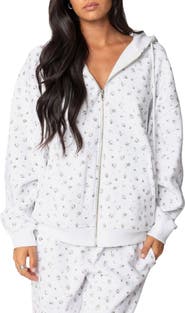 EDIKTED Bouquet Oversize Front Zip Cotton Blend Hoodie