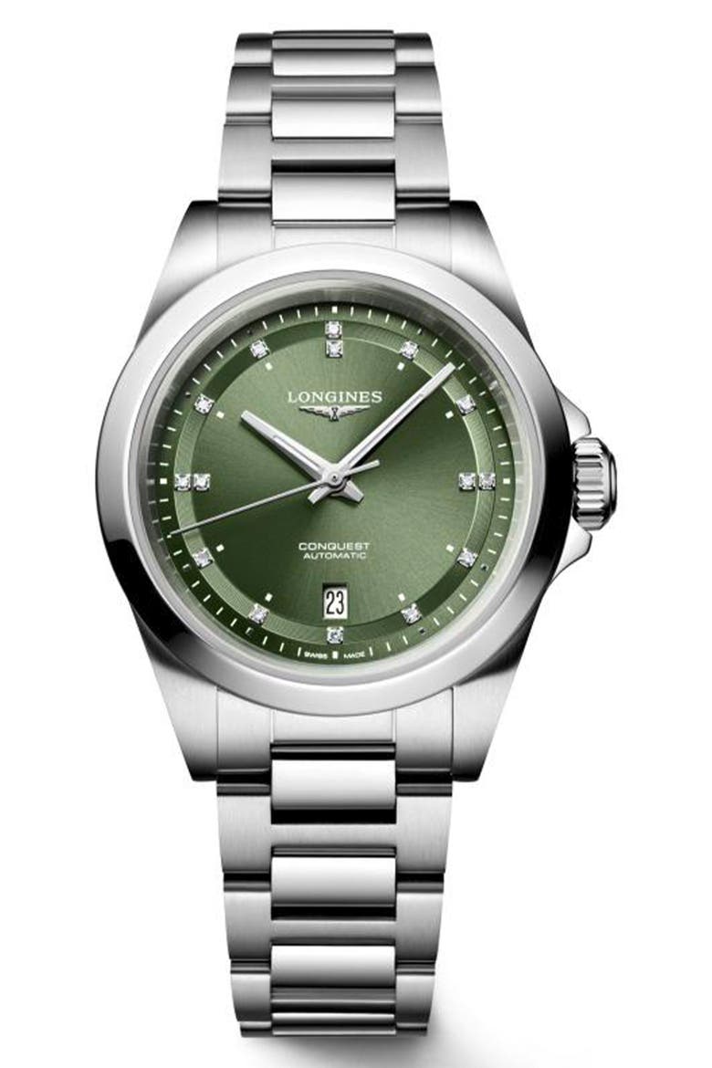 Conquest Diamond Automatic Bracelet Watch, 30mm, Main, color, GREEN