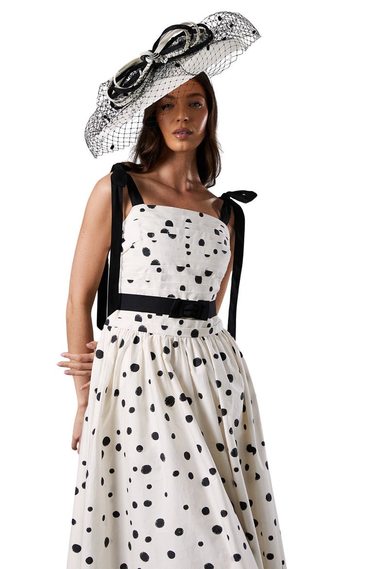 Lisa Tan Mono Spot Bow Detail Midi Dress, Alternate, color, Mono