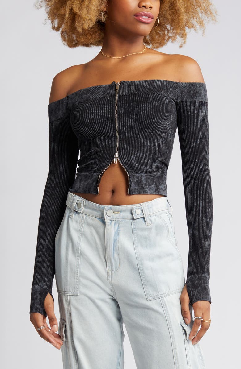 BDG Urban Outfitters Rib Off the Shoulder Zip Up Crop Top, Alternate, color, 