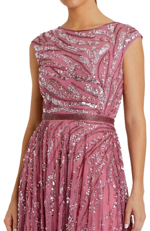 Mac Duggal Sequined Cap Sleeve Boat Neck Gown In Plum