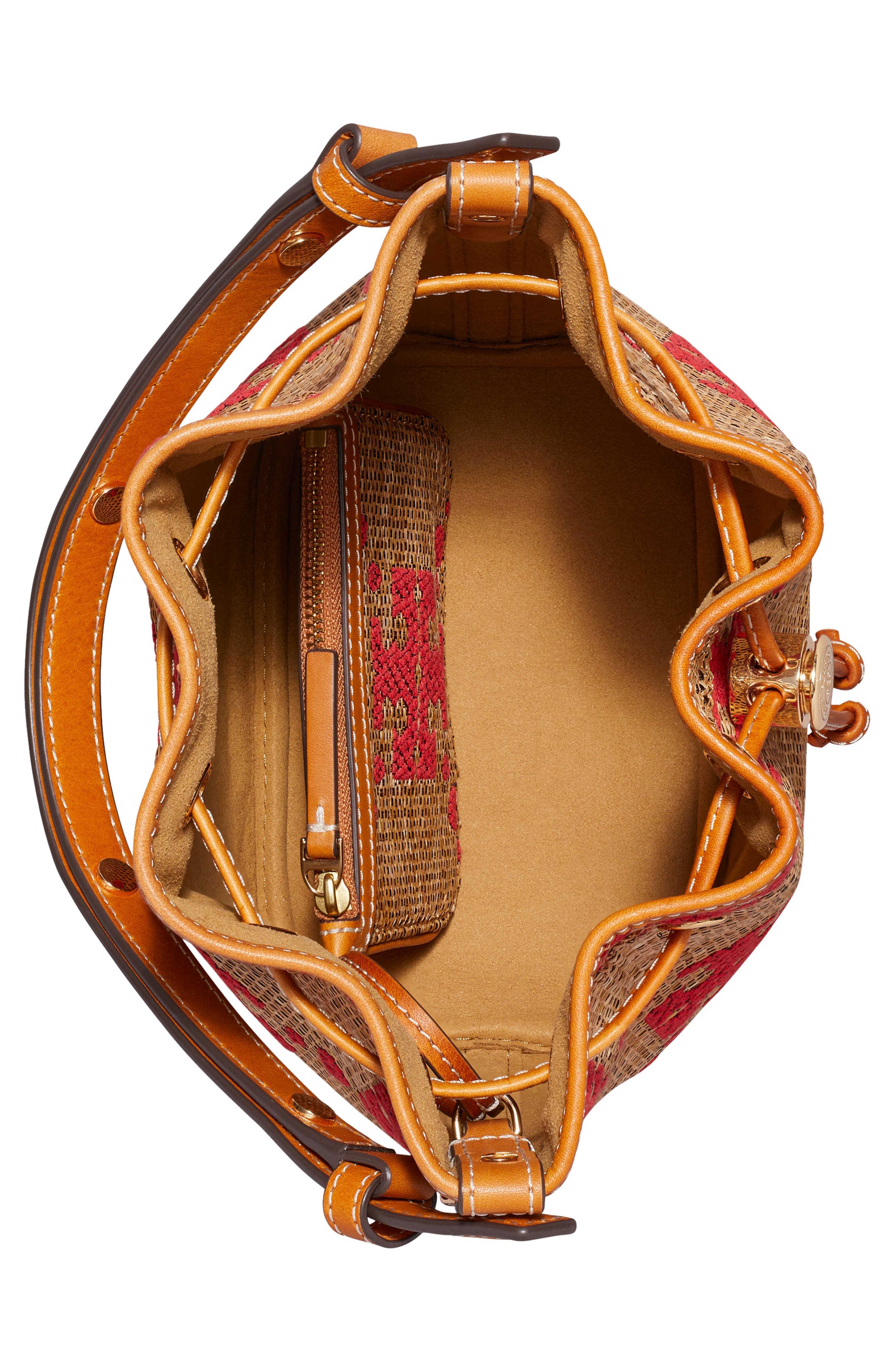 Tory Burch T Monogram Straw Bucket Bag, Alternate, color, Natural