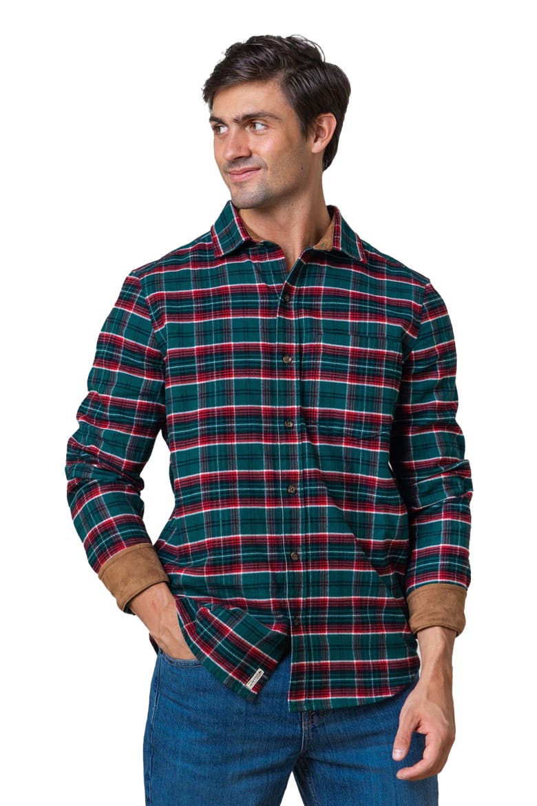 Men's Organic Flannel Shirt with Suede Detail, Alternate, color, Festive Green Plaid