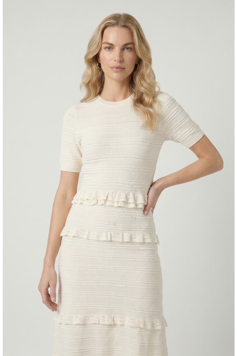 Textured Ruffle Trim Knit Midi Dress, Alternate, color, White